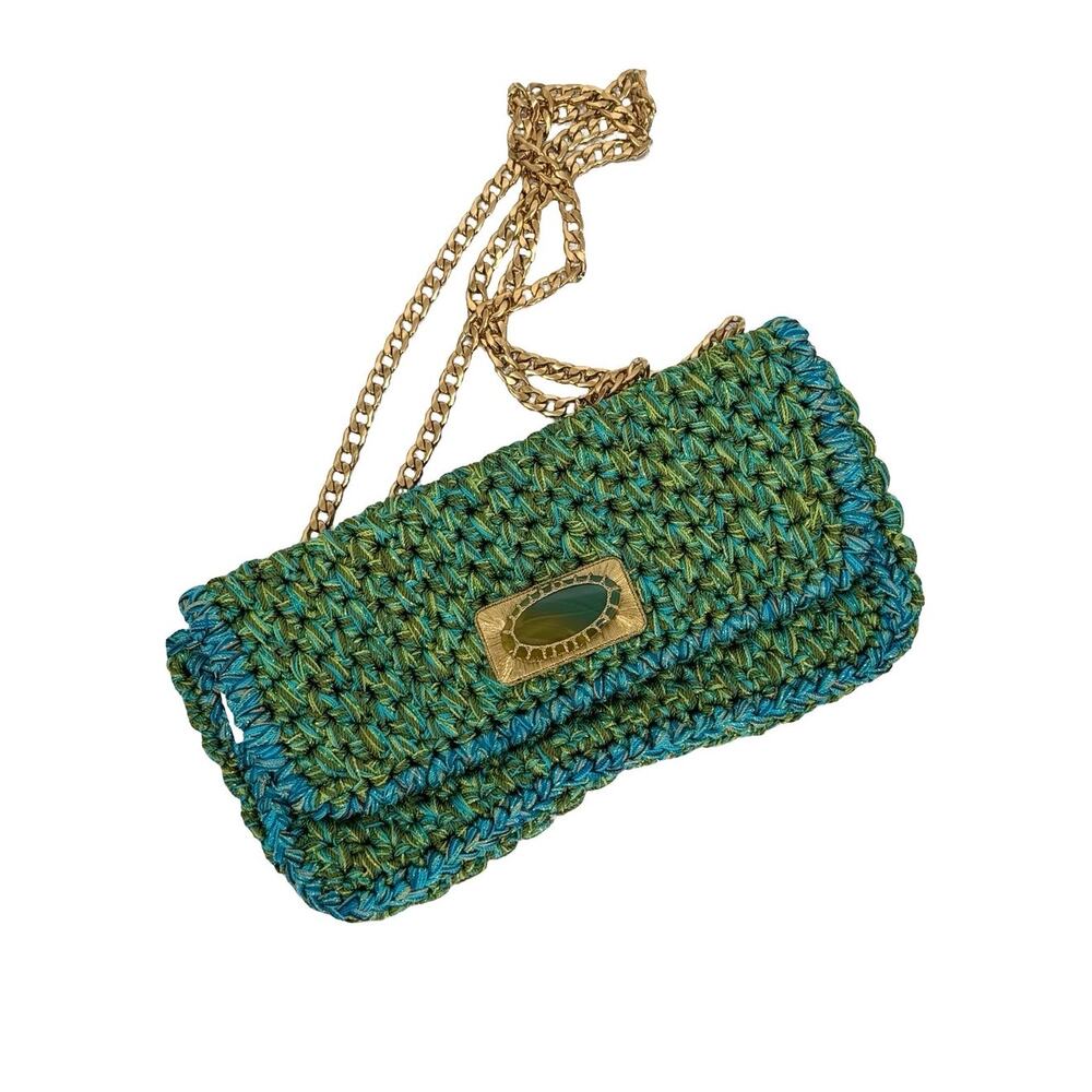 Boks & Baum LEON Crochet Baguette Bag Green Blue Fine Stone Gold Chain